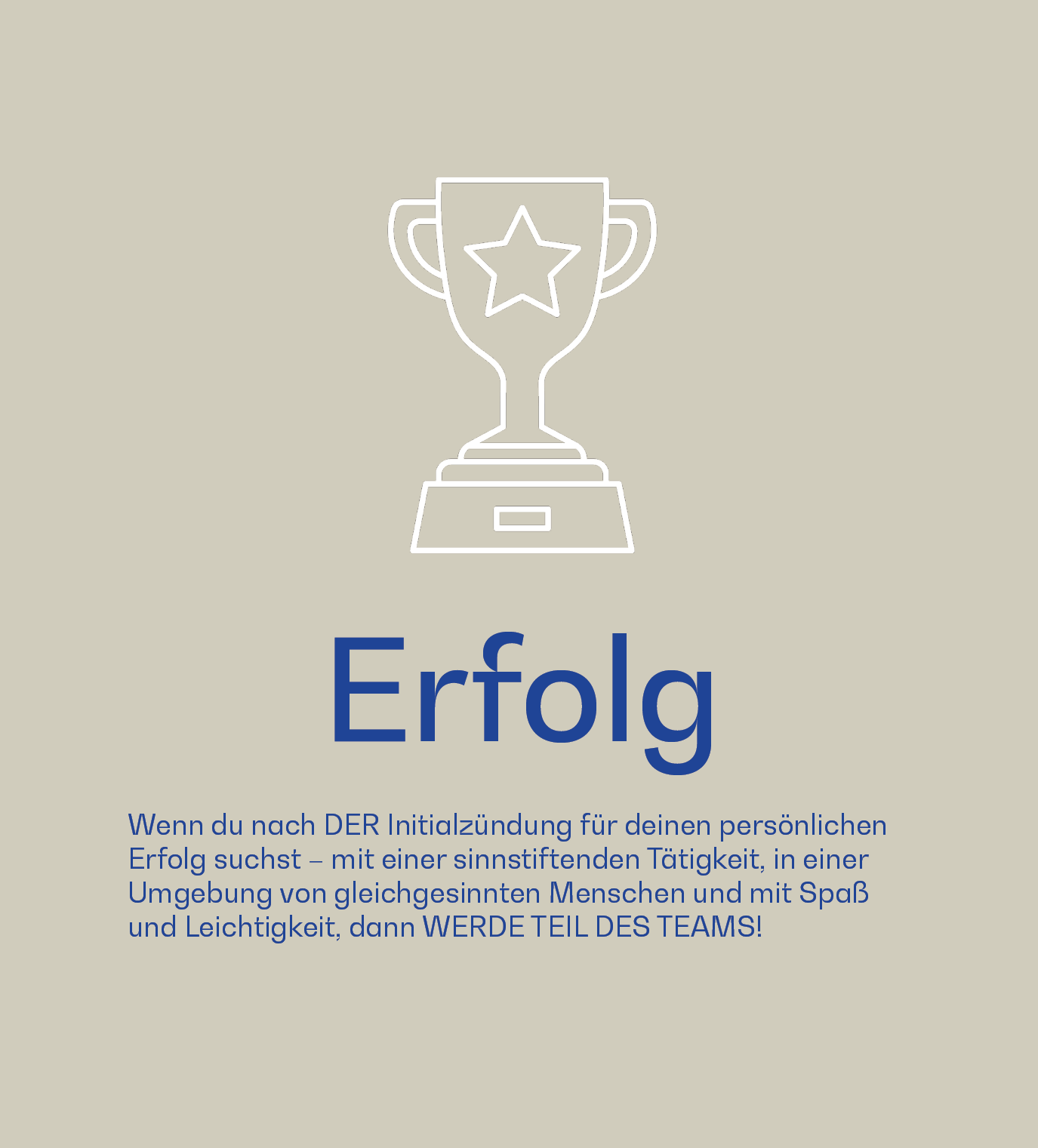 Grafik mit einem Pokal-Symbol und dem Wort „Erfolg“ – darunter Text zur persönlichen Erfüllung durch sinnstiftende Arbeit im hajoona Team.